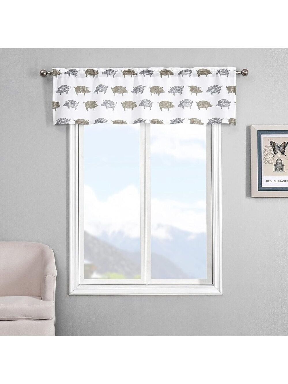 Two (2) Farmhouse Pig Print Window Valance 55"X16" Boho Kitchen Curtains New